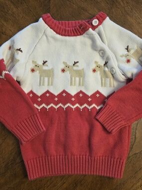 bebe Pink White and Tan Reindeer Knit Sweater